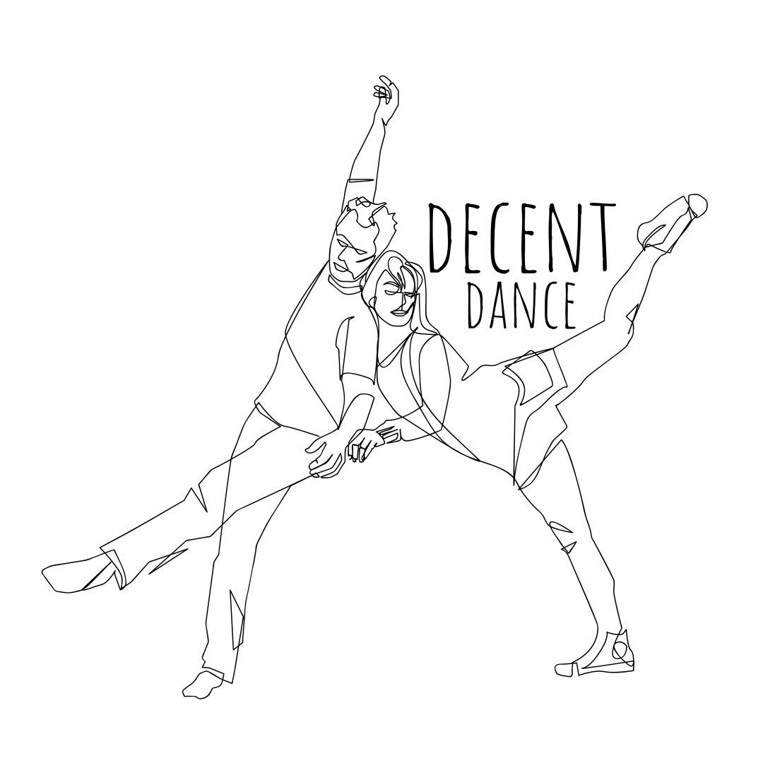 Continuous line drawing of two dancers leaning against each other with their fee