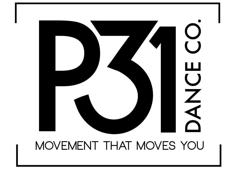 Black and white logo with the words P31 Dance Co.: Movement that Moves You