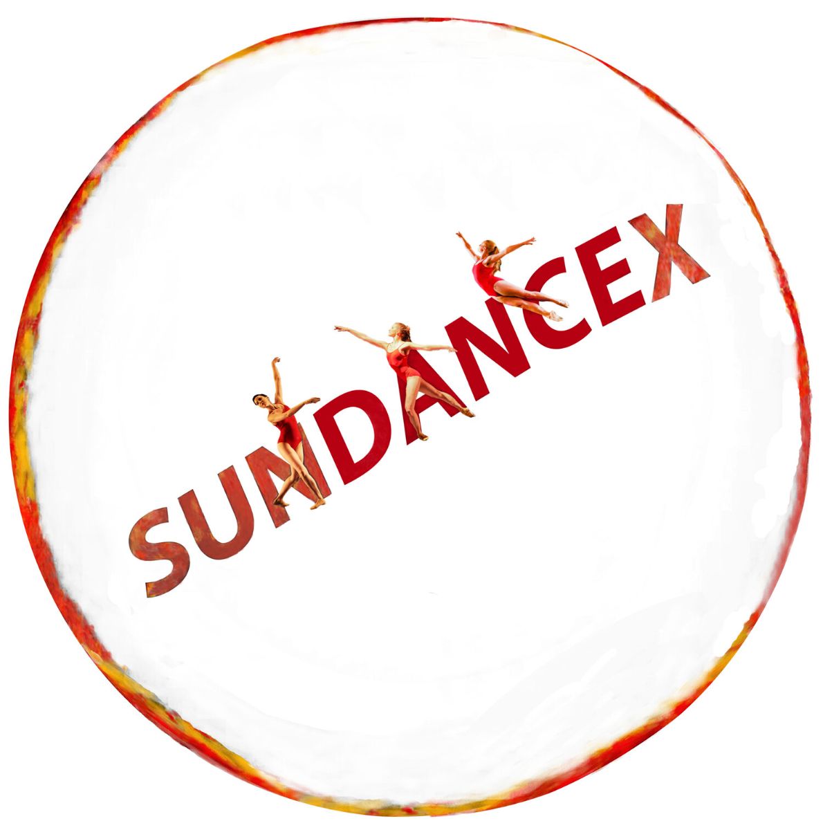 Logo with red border and SUNDANCEX text in the middle with three dancers in red 