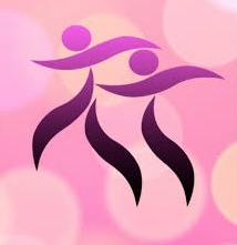 Magenta abstract form of two dancers over a pink background with light bubbles