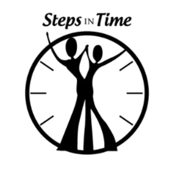 Two abstract figures with their hands up meeting at the center of a clock with t